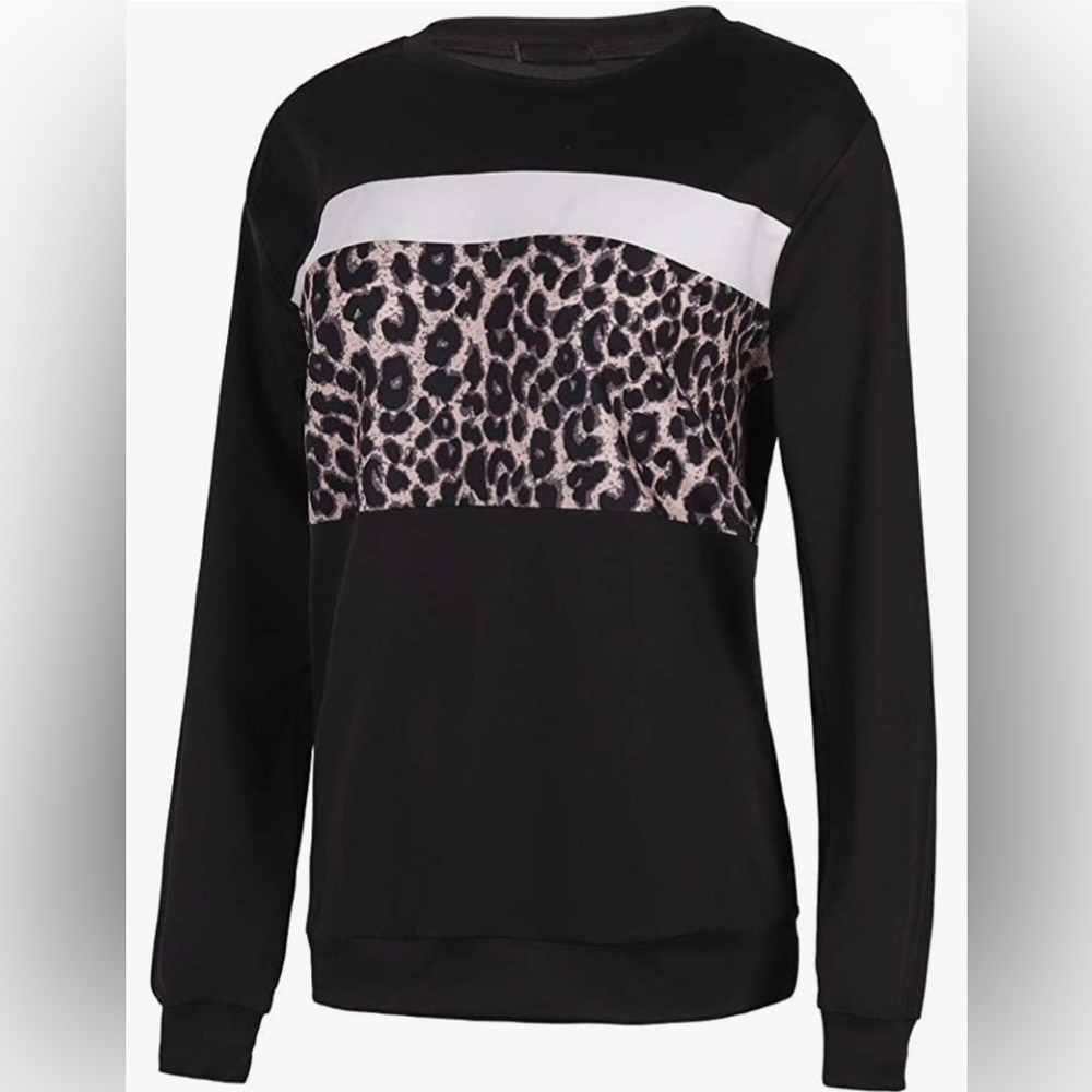 Womens Leopard Color Block Splicing Long Sleeve T-Shirt Casual Thin Swea…